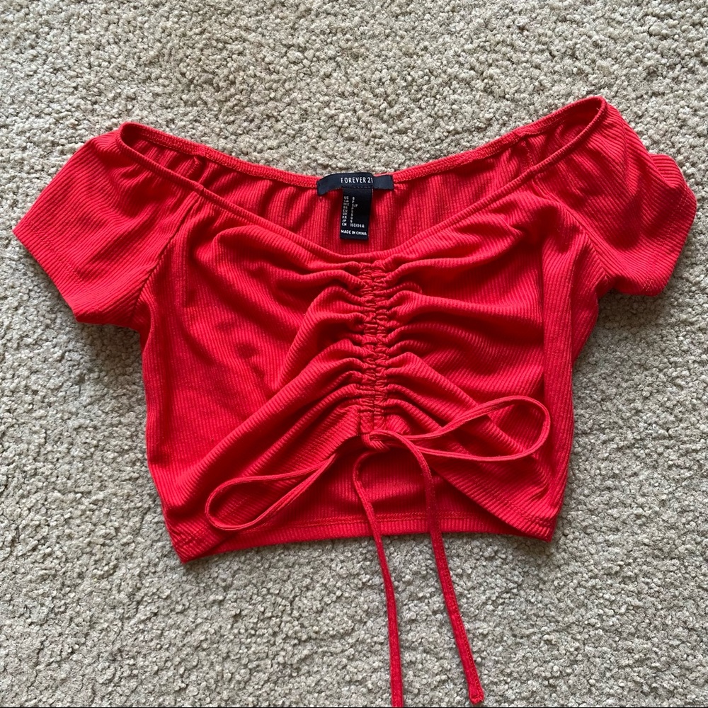 Red ruched drawstring tie front crop top